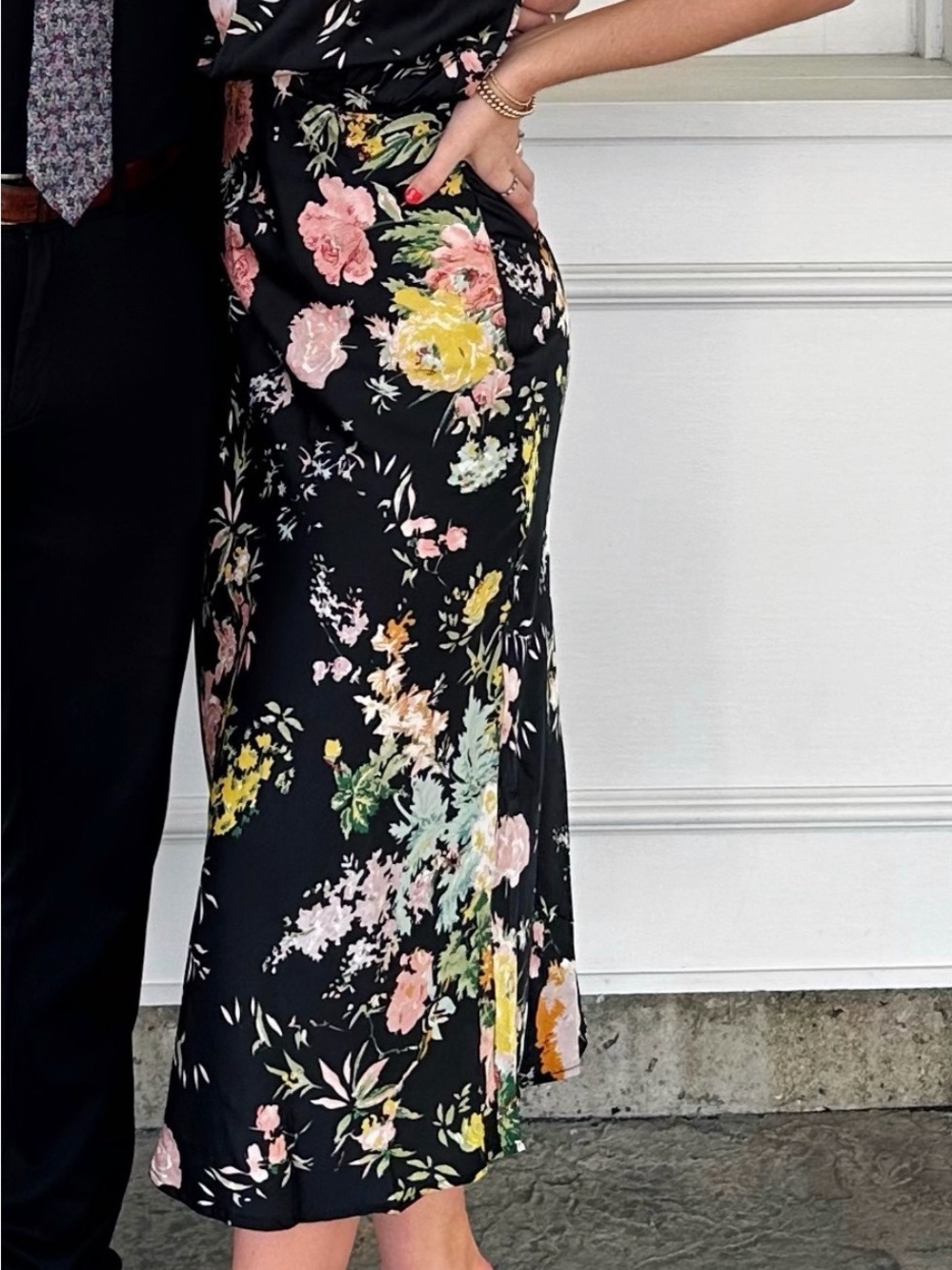 Petal and Pup Black Floral Midi Dress with Pink and Yellow Blooms